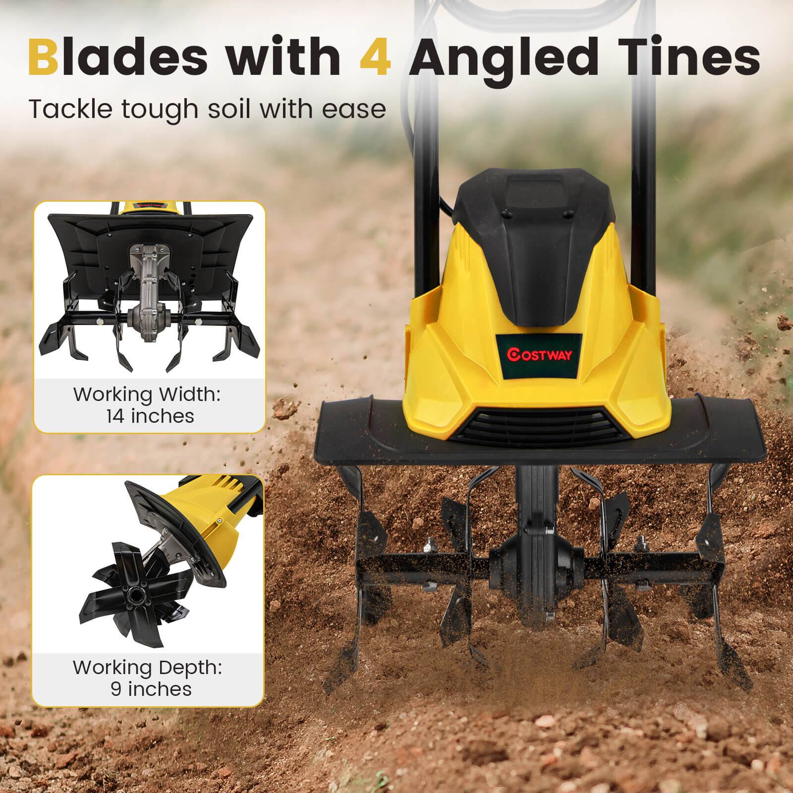 Blades with 4 Angled Tines  
Tackle tough soil with ease  

Working Width: 14 inches  
Working Depth: 9 inches