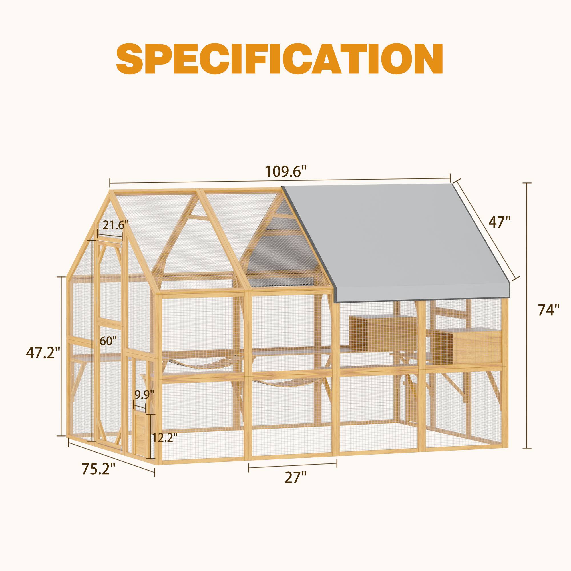 SPECIFICATION

- 109.6"
- 21.6"
- 47"
- 74"
- 47.2"
- 60"
- 9.9"
- 12.2"
- 75.2"
- 27"