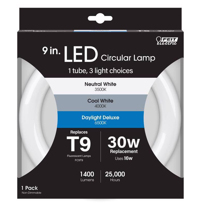 FEIT Electric  
9 in. LED Circular Lamp  
1 tube, 3 light choices  

Neutral White 3500K  
Cool White 4000K  
Daylight Deluxe 6500K  

Replaces T9 Fluorescent Lamps FC9T9  
30w Replacement  
Uses 16w  

1400 Lumens  
25,000 Hours  

1 Pack  
Non-Dimmable