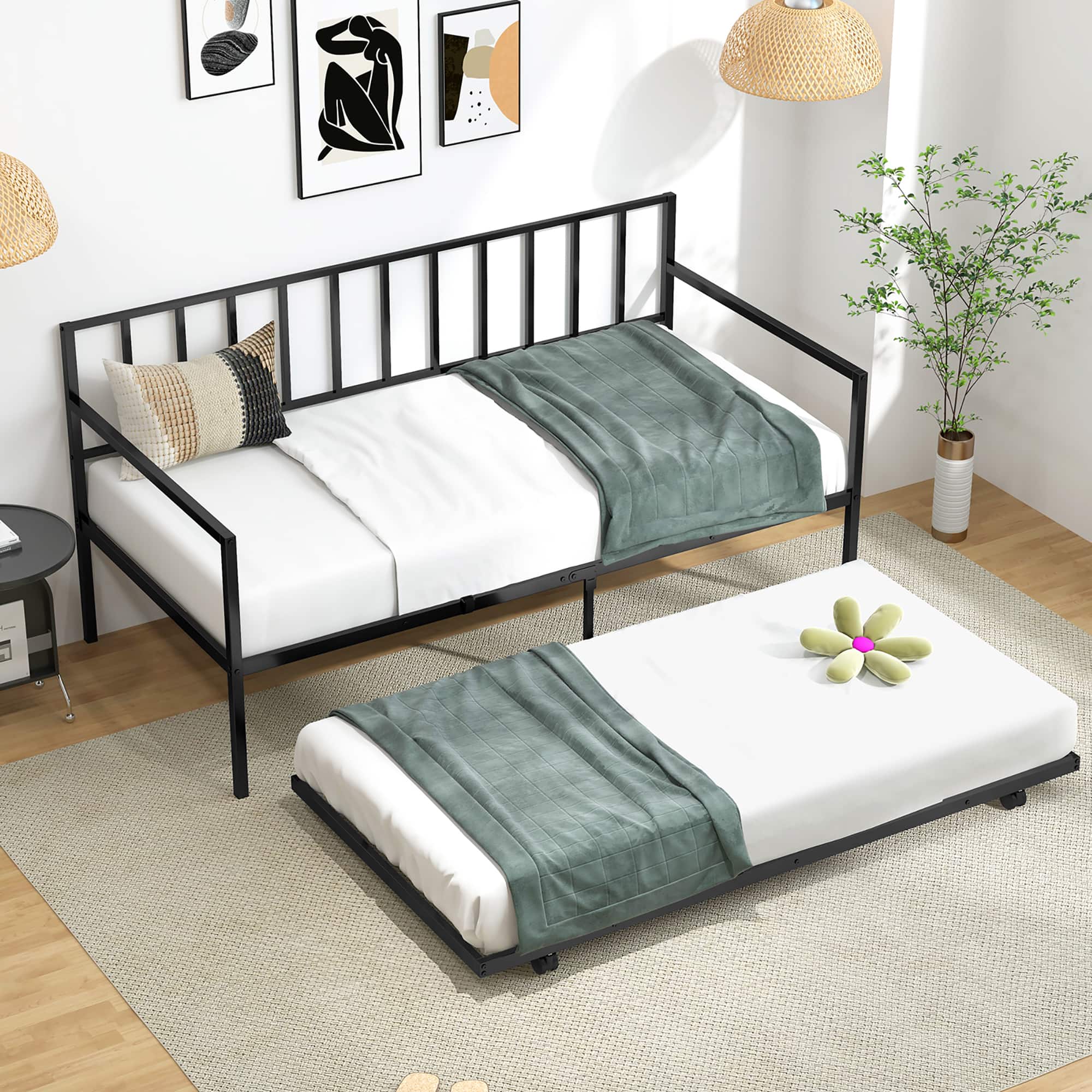 Gymax - Twin Metal Daybed Sofa Bed with Trundle & Lockable Casters for Living Room - Black price history on PriceWatchPro