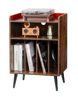 VEVOR - Record Player Stand with LED Light, 3 Tiers Turntable Stand with Charging Station & USB Ports, Holds up to 150 Albums - Brown