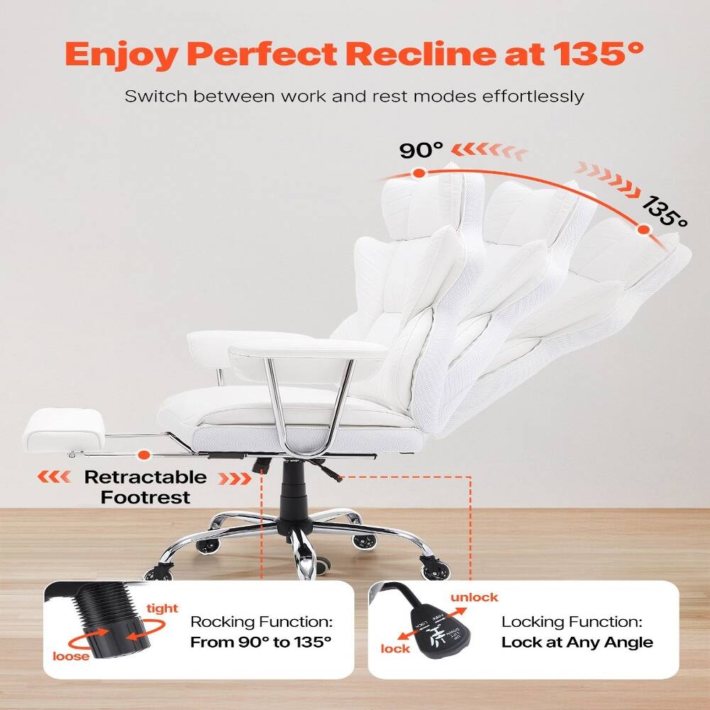 Enjoy Perfect Recline at 135°  
Switch between work and rest modes effortlessly

90°  
135°

Retractable >>> Footrest

Rocking Function: From 90° to 135°  
lock  
unlock

Locking Function: Lock at Any Angle