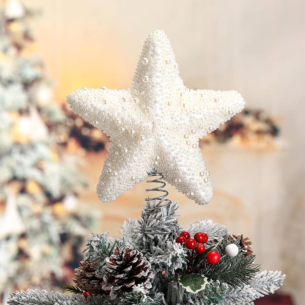 PARKER SLATER - 8" Pearl Christmas Star Tree Topper – Holiday Decoration - White