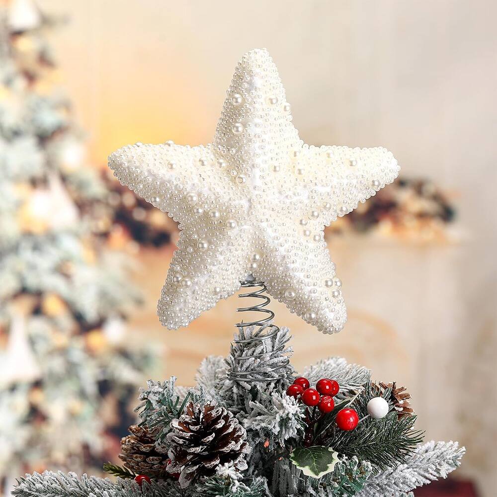 Front. PARKER SLATER - 8" Pearl Christmas Star Tree Topper – White, Holiday Decoration - White.