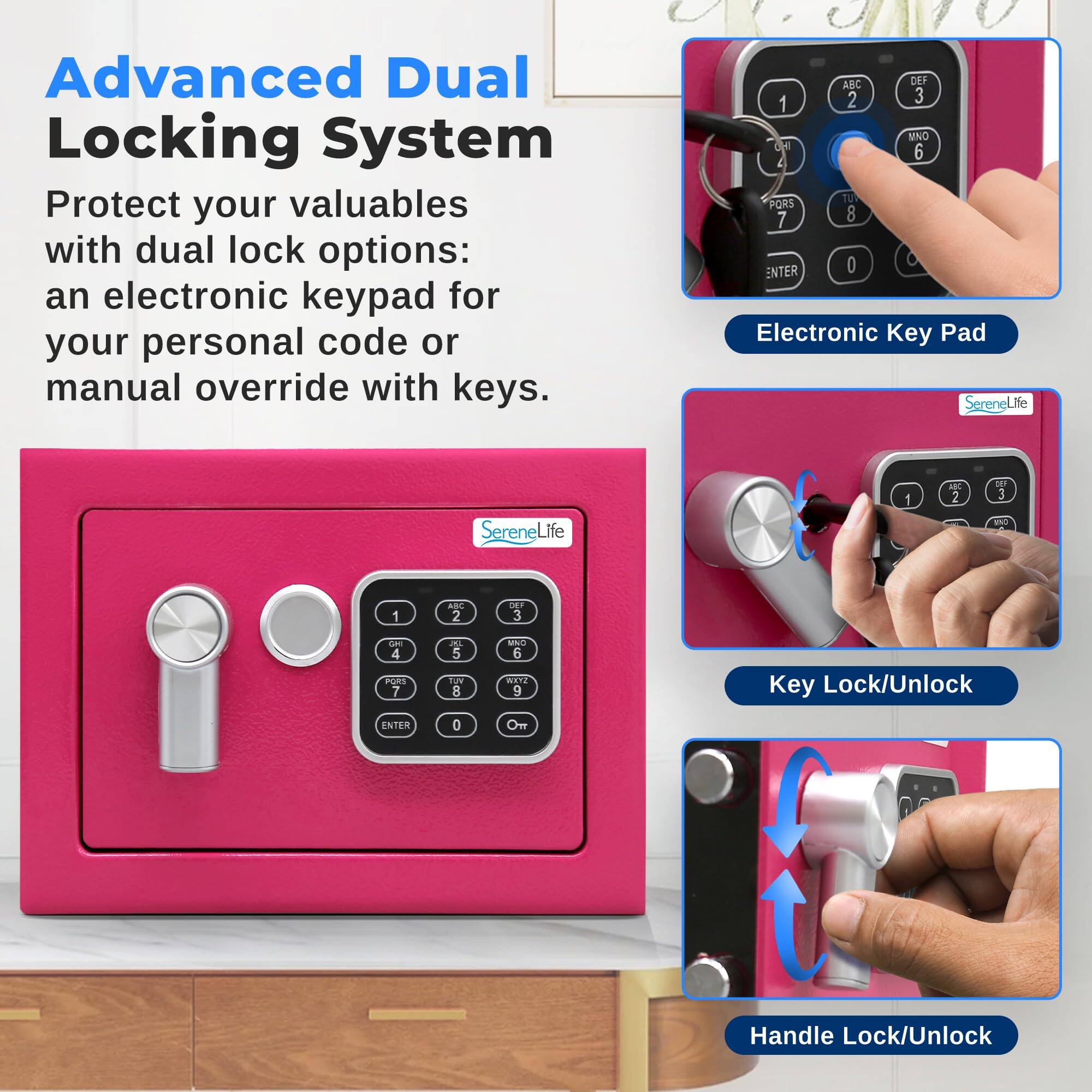 Advanced Dual Locking System

Protect your valuables with dual lock options: an electronic keypad for your personal code or manual override with keys.

Electronic Key Pad

Key Lock/Unlock

Handle Lock/Unlock
