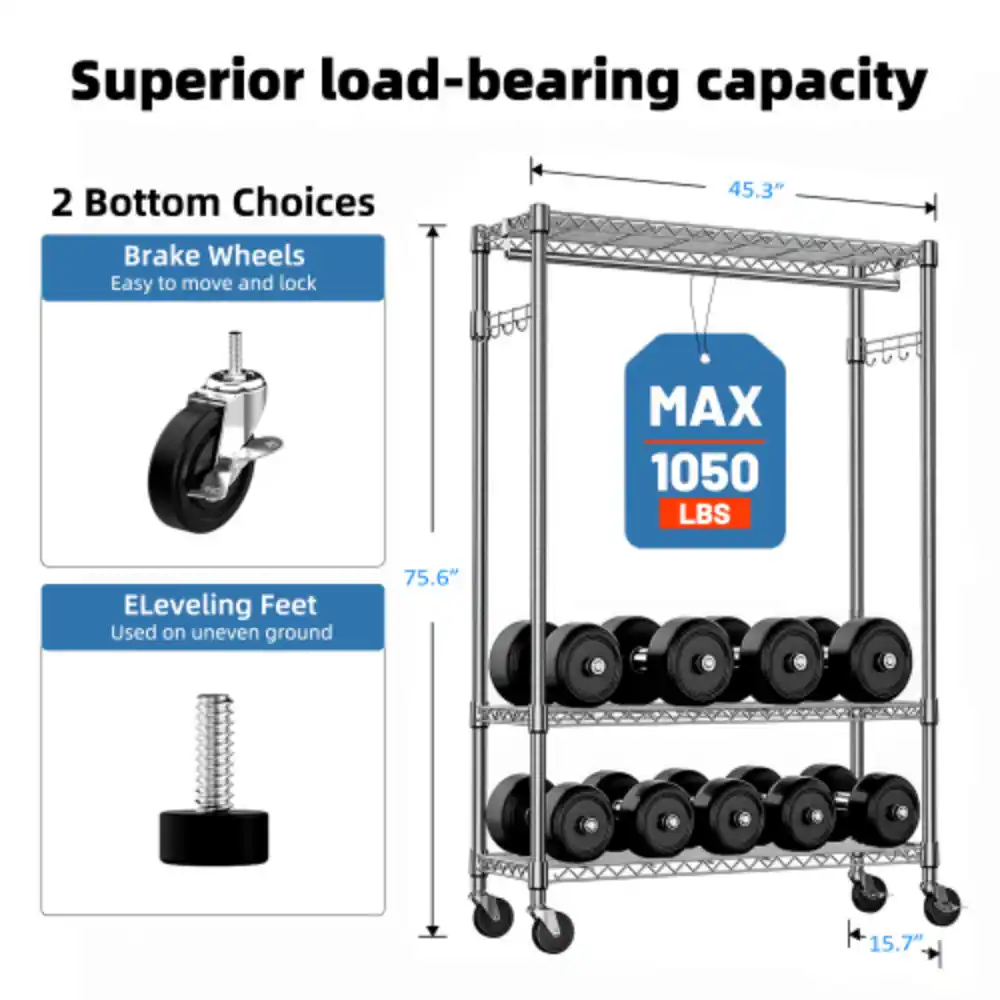 Superior load-bearing capacity

2 Bottom Choices
- Brake Wheels: Easy to move and lock
- ELeveling Feet: Used on uneven ground

MAX 1050 LBS

Dimensions:
- 45.3" (width)
- 75.6" (height)
- 15.7" (depth)
