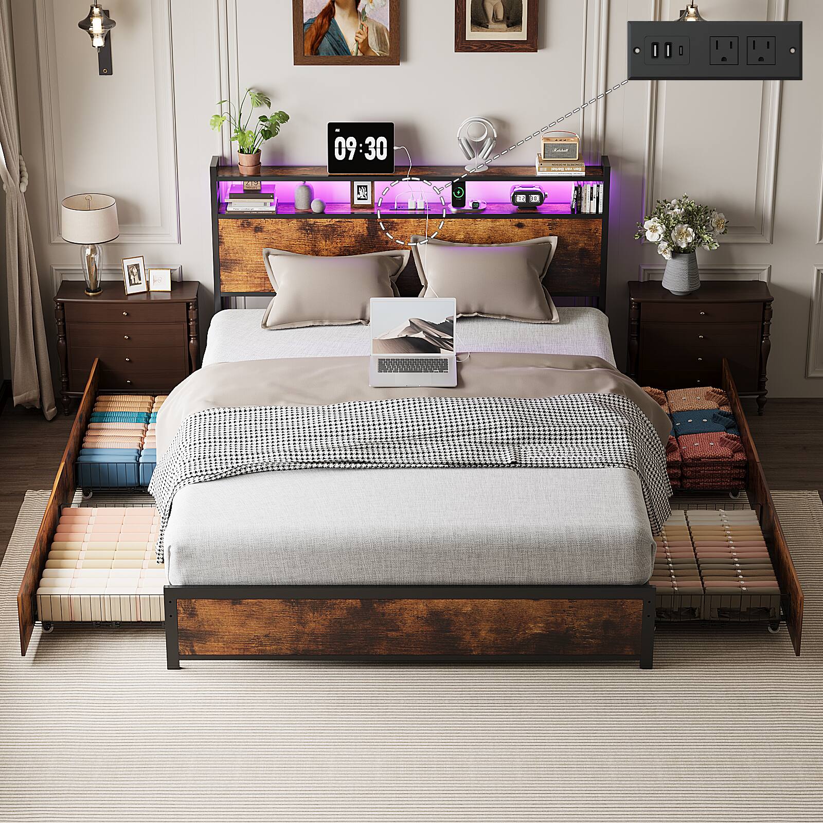 Alt View 9. Winado - Bed Frame King Size with 4 Storage Drawers and Storage Headboard Metal Platform with Charging Station and LED Lights - Vintage Brown.