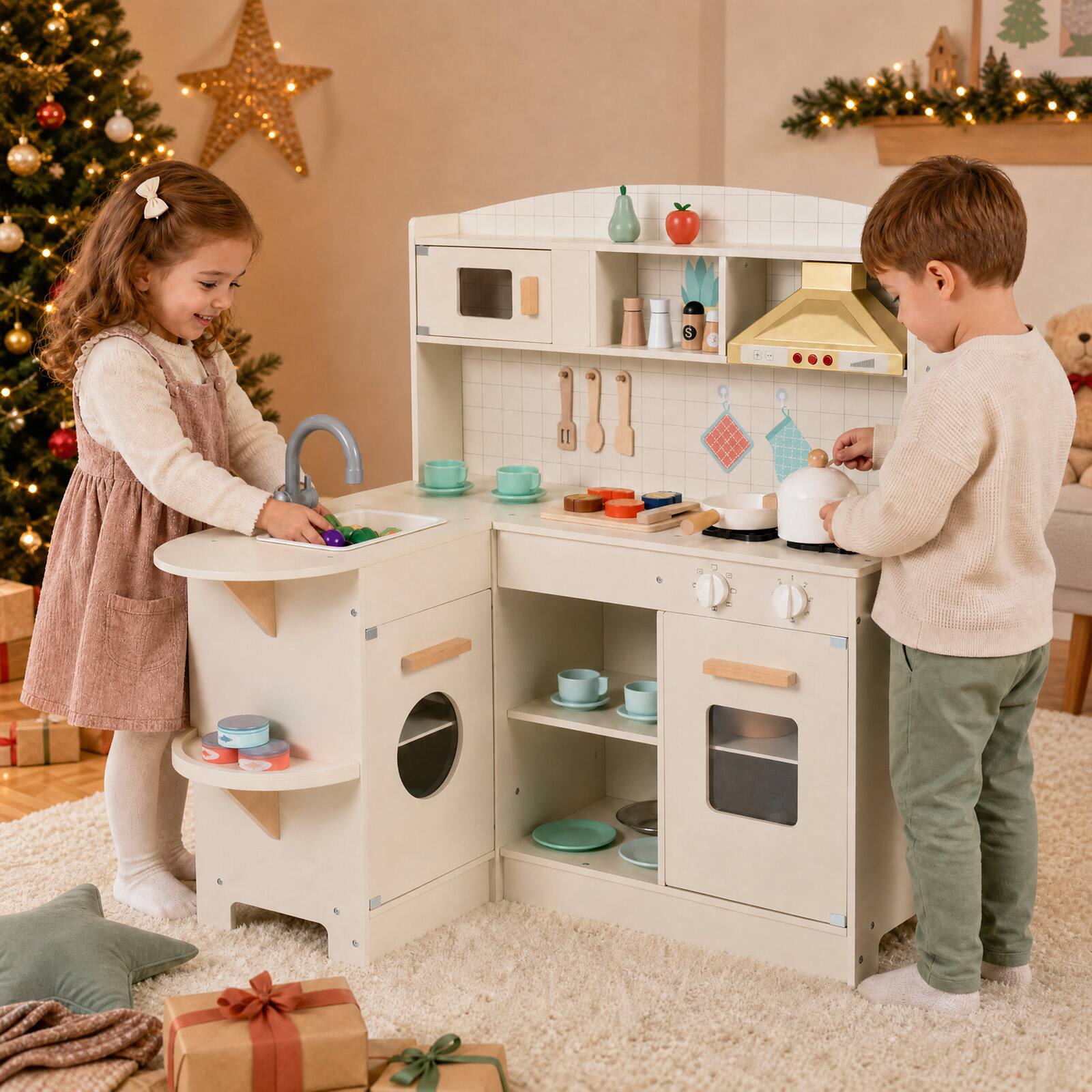 Alt View 1. Gymax - Gymax Wooden Play Kitchen for Kids w/Lights Sounds Stove Microwave Sink Accessories White - White.