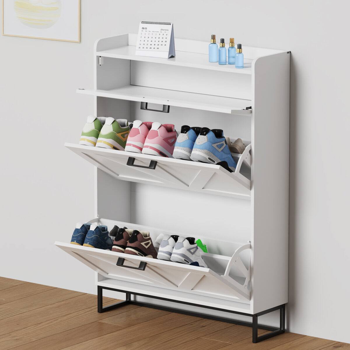Left. U-HOMY - Shoe Storage Cabinet with 2 Flip Drawers, Freestanding Entryway Organizer with Adjustable Shelves and Side Hooks - White.