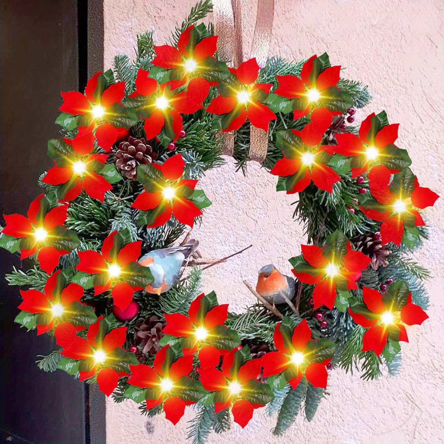 Oumilen - Christmas Poinsettia Flower String Lights – Battery Red Artificial Garland Lights for Xmas Fireplace Mantel Decor