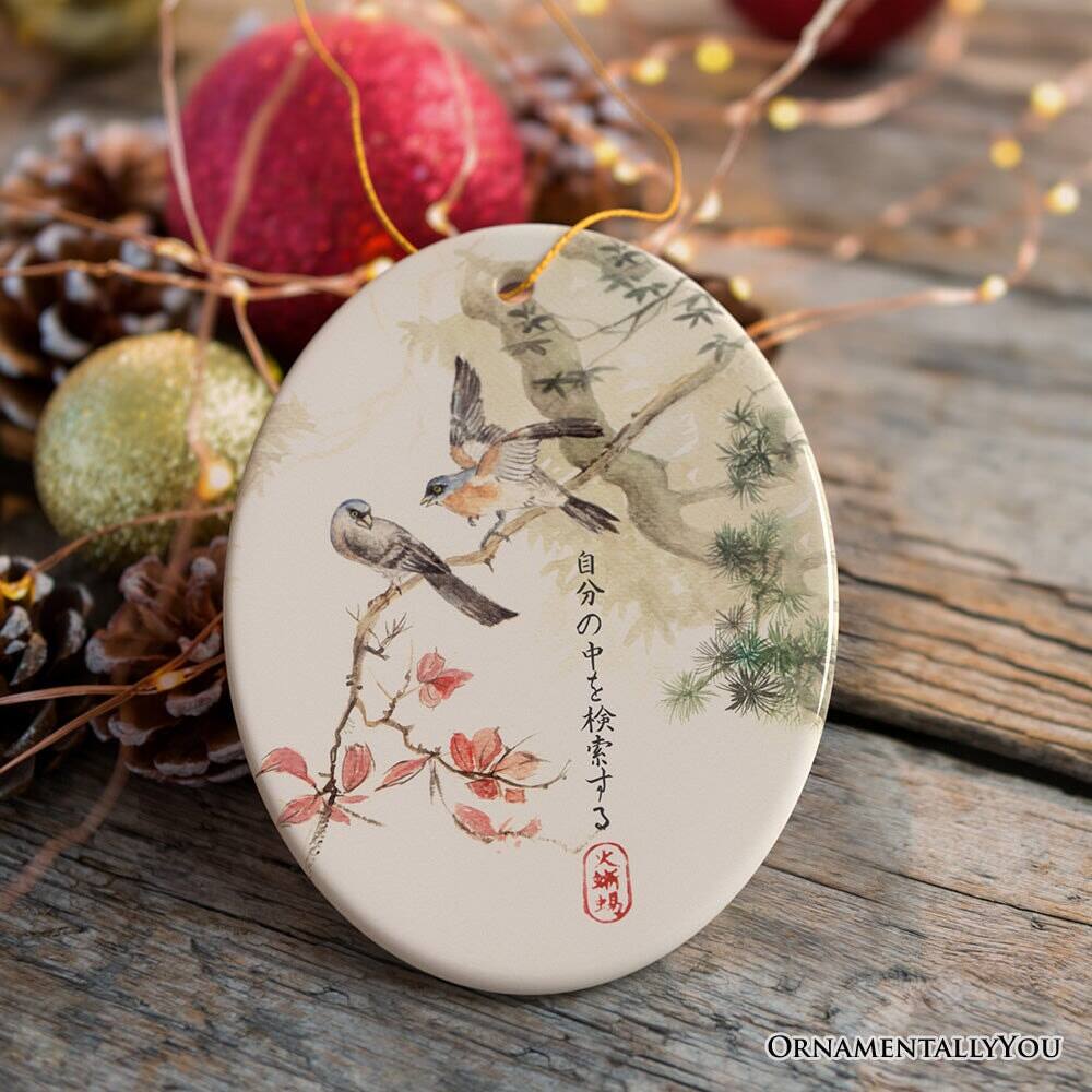 Back. OrnamentallyYou - Vintage Traditional Zen Japanese Ink and Watercolor Painting of Wood Pigeons with a Haiku Ornament - Multi-colored.