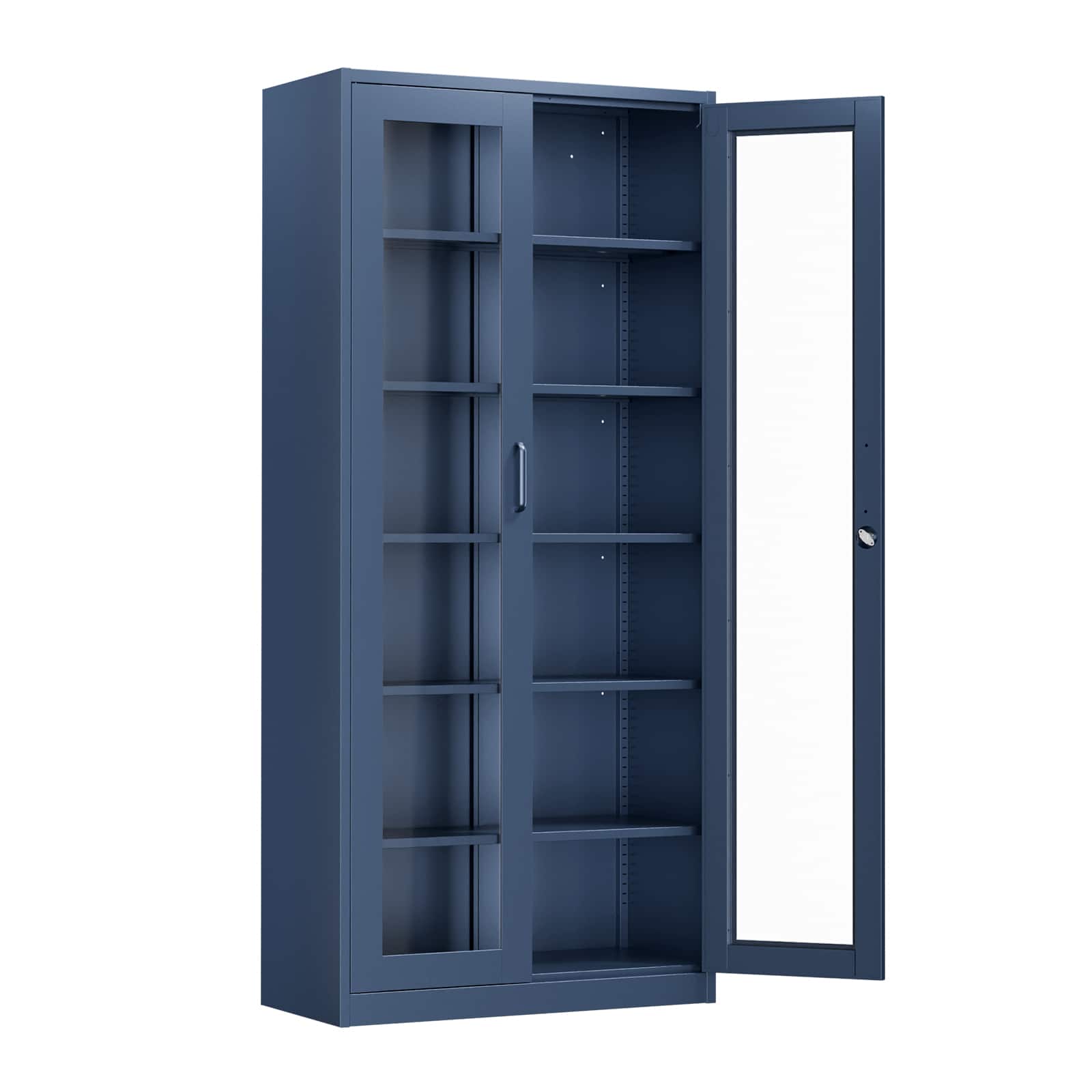 Winado - Heavy Duty 71" Tall Lockable Display Cabinet with Glass Doors & 5 Adjustable Shelves & Secure Locking System for Office - Dark Blue