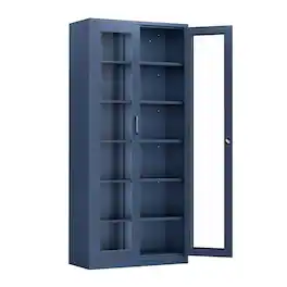 Winado - Heavy Duty 71" Tall Lockable Display Cabinet with Glass Doors & 5 Adjustable Shelves & Secure Locking System for Office - Dark Blue