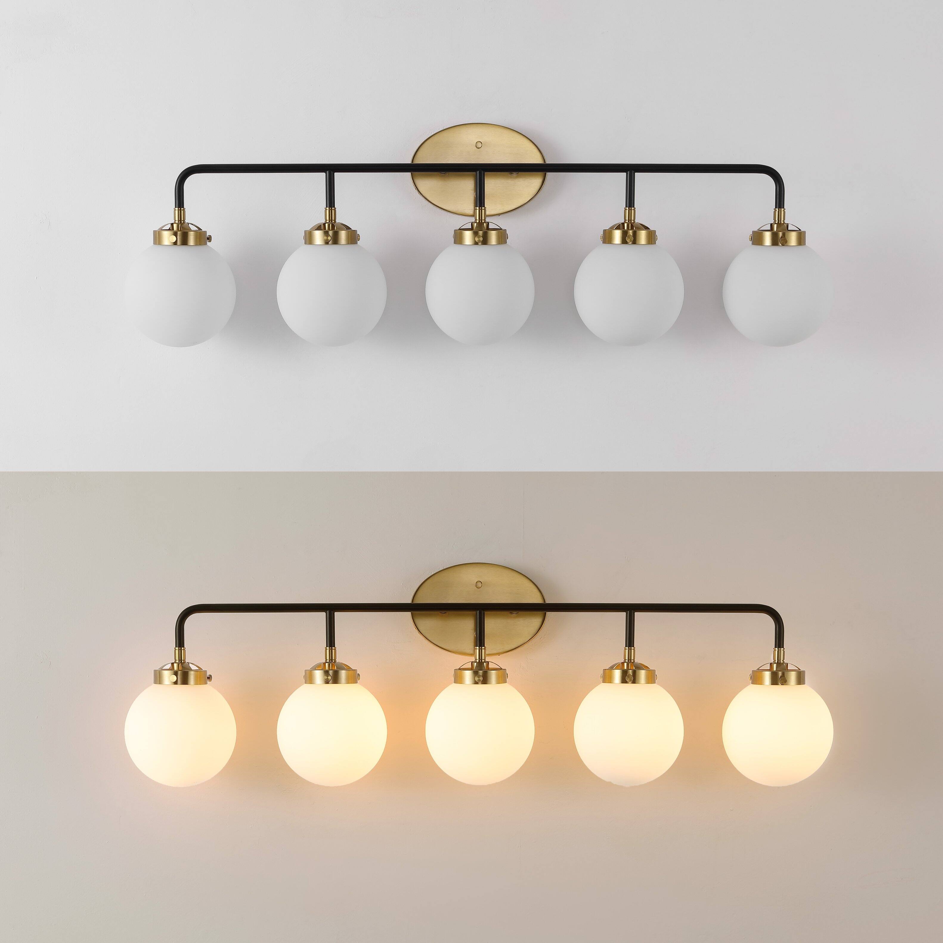 Alt View 4. Jonathan Y - Caleb 38" 5-Light Contemporary Transitional Iron/Glass LED Vanity Light, Brass Gold/Black/White - Brass Gold/Black.