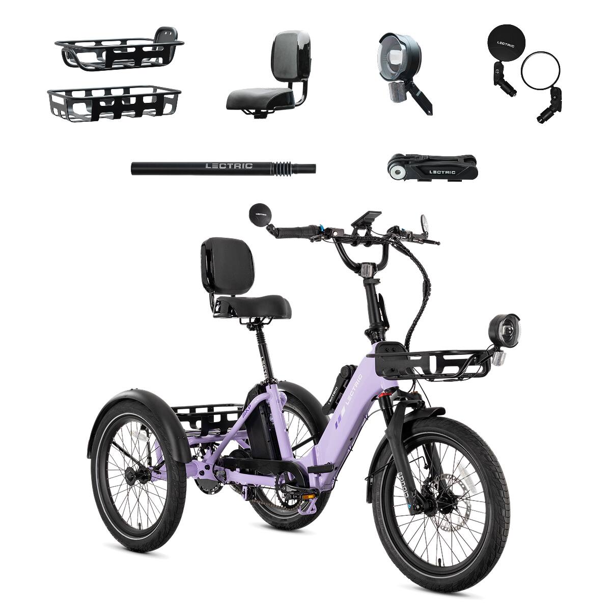 Lectric eBikes - XP Trike2 750 Foldable Long-Range eBike (Max 70mi/17mph) + Cargo Package/Support Seat/Seat Post/Headlight/Mirrors/Lock - Lavender Haze