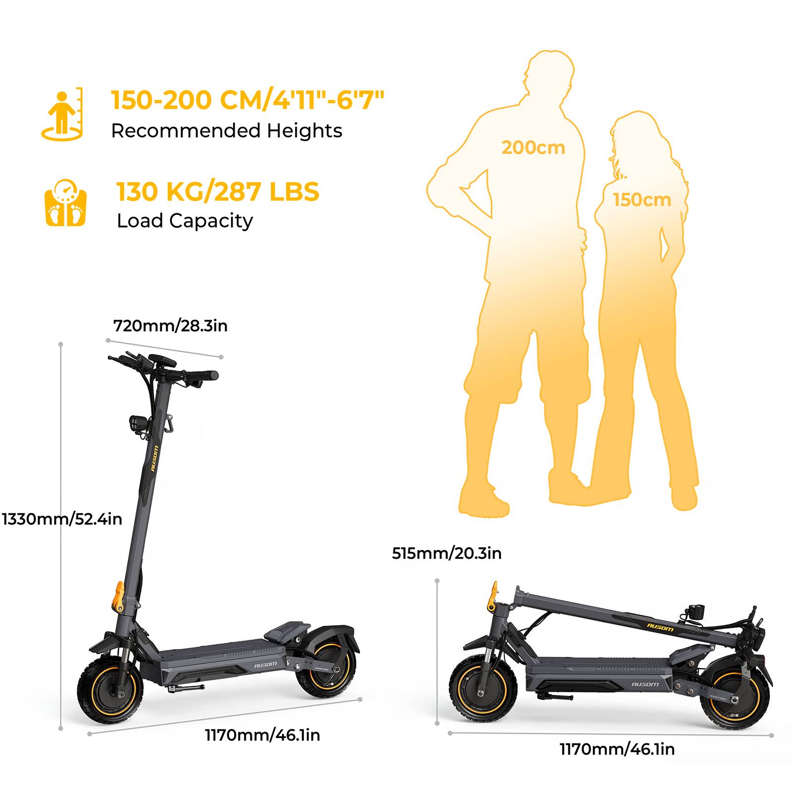 150-200 CM/4'11"-6'7" Recommended Heights  
130 KG/287 LBS Load Capacity  

720mm/28.3in  
1330mm/52.4in  
515mm/20.3in  
1170mm/46.1in  
1170mm/46.1in