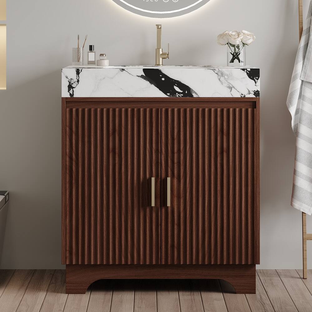 Angle. Loheer - Loheer 30 inch freestanding bathroom vanity Walnut Plywood Cabinet Sintered Stone Top - Walnut, White.