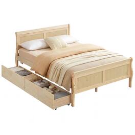 Costway - Full Size Bed Frame with Storage Drawers, Wood Platform Bed with Headboard Footboard - Natural