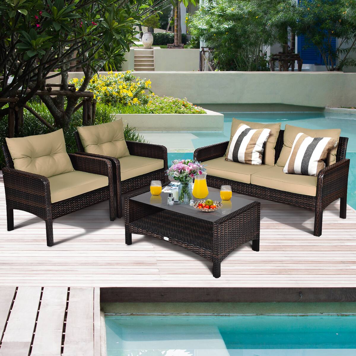 Alt View 4. Costway - Costway 4PCS Patio Rattan Furniture Set Loveseat Sofa Coffee Table Garden W/ Cushion - Brown.