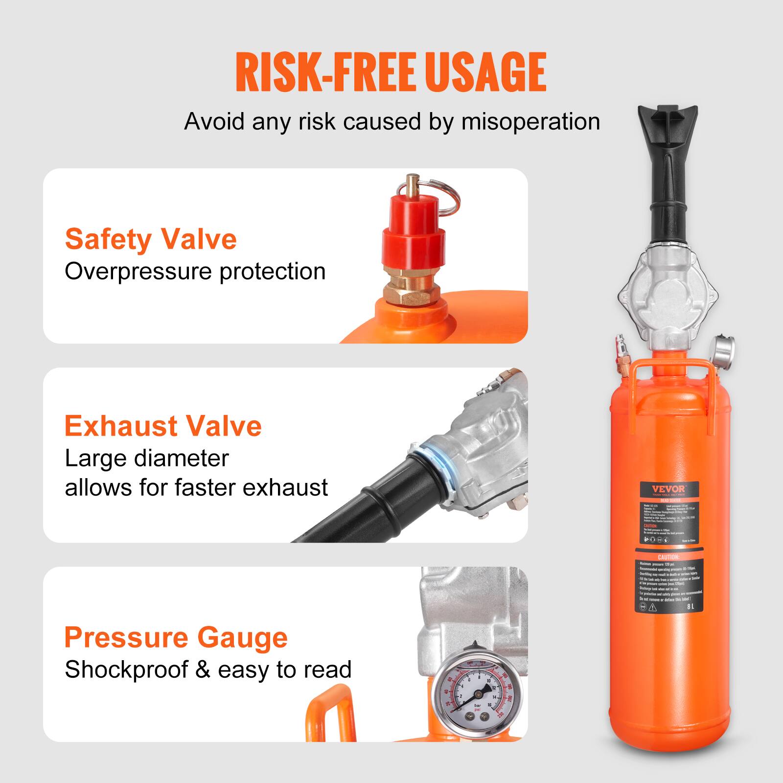 RISK-FREE USAGE  
Avoid any risk caused by misoperation  

Safety Valve  
Overpressure protection  

Exhaust Valve  
Large diameter allows for faster exhaust  

Pressure Gauge  
Shockproof & easy to read