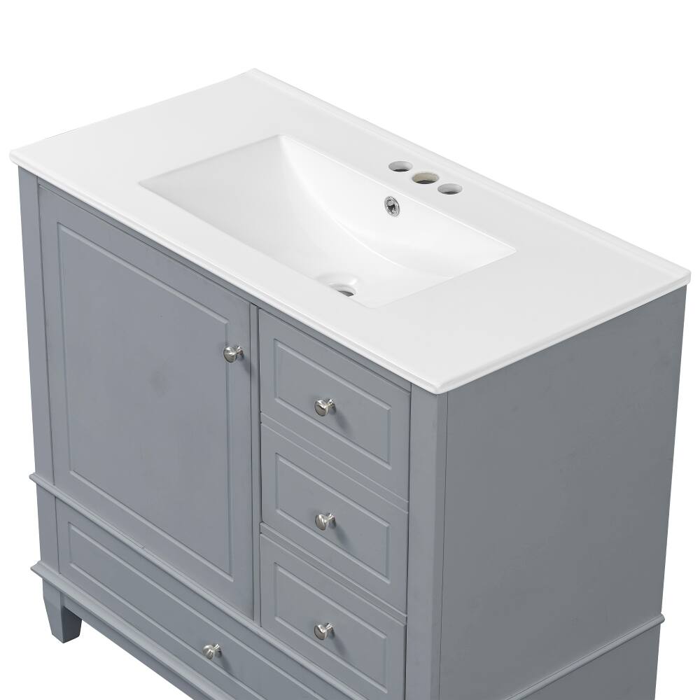 Angle. Loheer - Loheer 36 inch bathroom vanity with ceramic sink top, gray freestanding vanity, 3 drawers and cabinet - Gray.