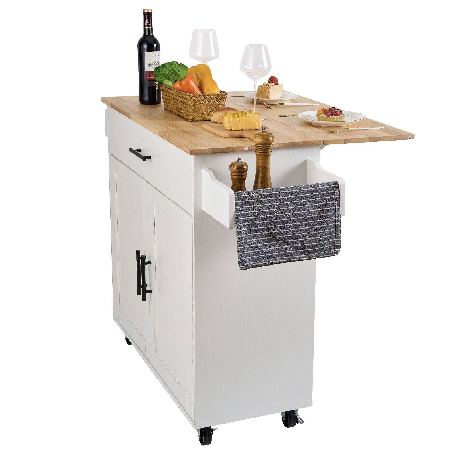Alt View 9. Glintex - Kitchen Island Cart with Solid Wood Top, 35.4" Wide Mobile Storage Cabinet with Drop Leaf, Drawer, Spice and Towel Rack - White.
