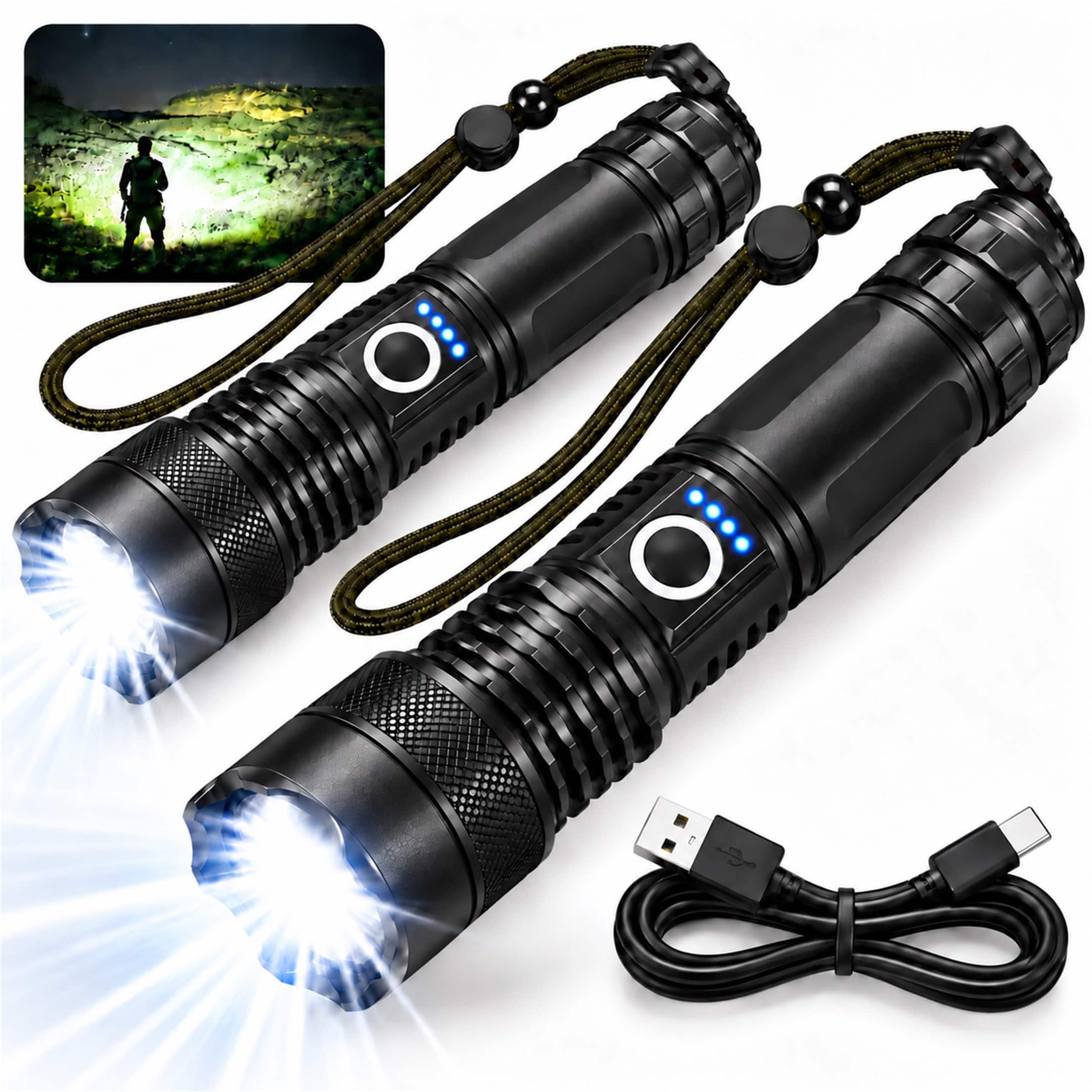 AMUMU - LED Camping Lantern 2-Pack Rechargeable Waterproof Portable Flashlight 5 Lighting Modes Compact and Lightweigh - Black