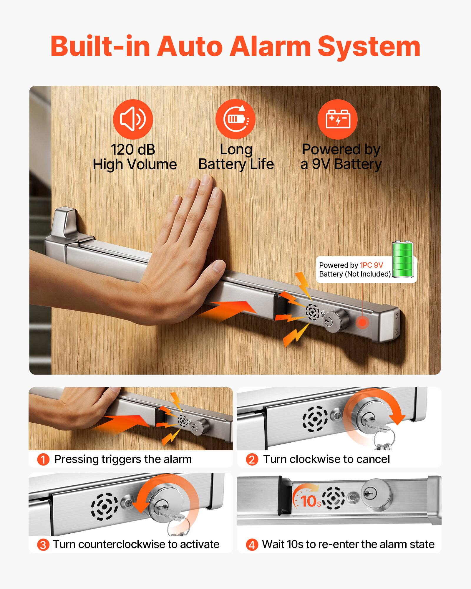 Built-in Auto Alarm System

- 120 dB High Volume
- Long Battery Life
- Powered by a 9V Battery (Not Included)

1. Pressing triggers the alarm
2. Turn clockwise to cancel
3. Turn counterclockwise to activate
4. Wait 10s to re-enter the alarm state