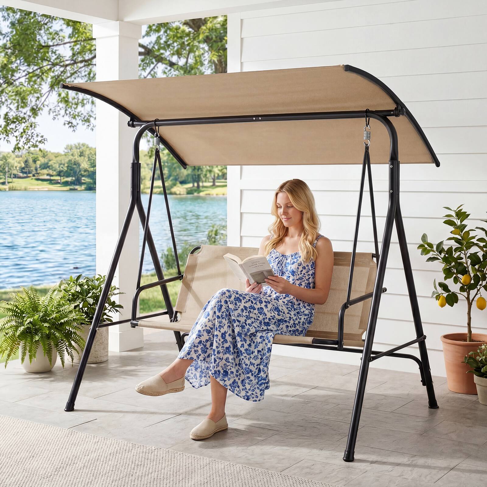 Alt View 1. Costway - Costway 3-Seat Patio Swing Chair with Adjustable Canopy, 800 lbs Heavy-Duty Metal Frame - Beige.