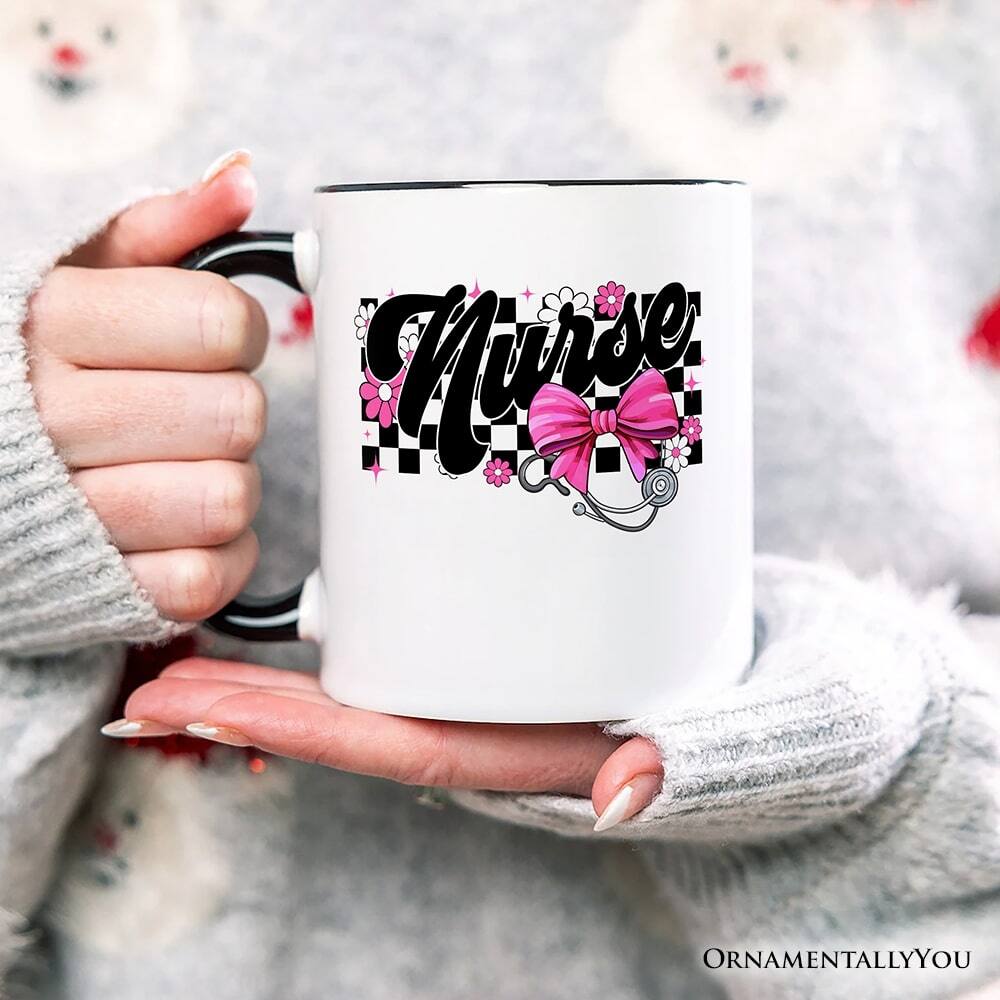 Left. OrnamentallyYou - Nurse Floral Coquette Pink Bow Mug, Coquette Medical Worker Gift - White.