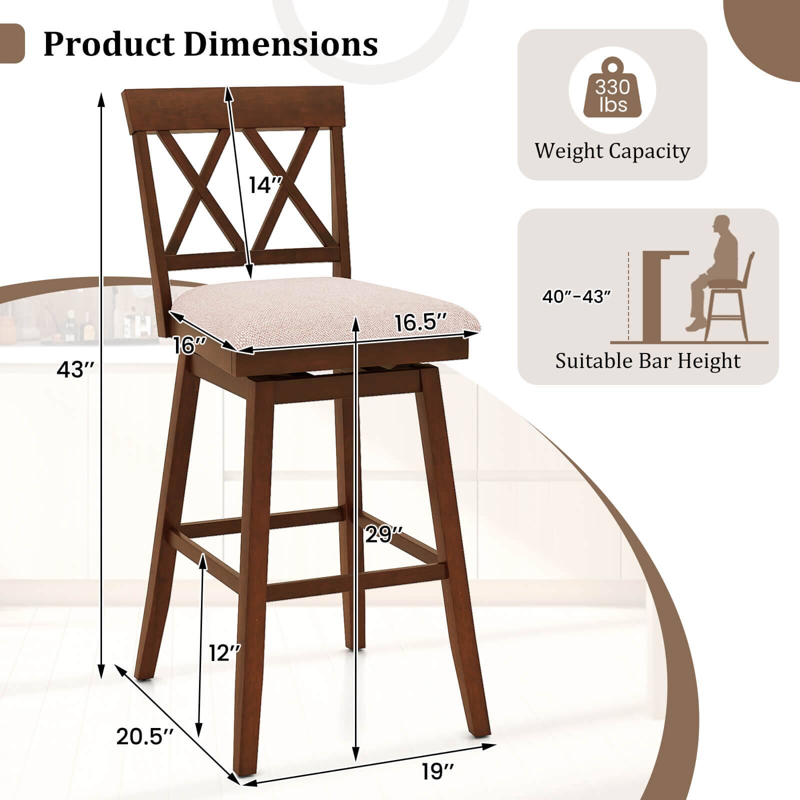 Product Dimensions: 330 lbs, 43", 16", 14", 16.5", 29", 12", 20.5", 19"  
Weight Capacity: 40"-43"  
Suitable Bar Height: 40"-43"