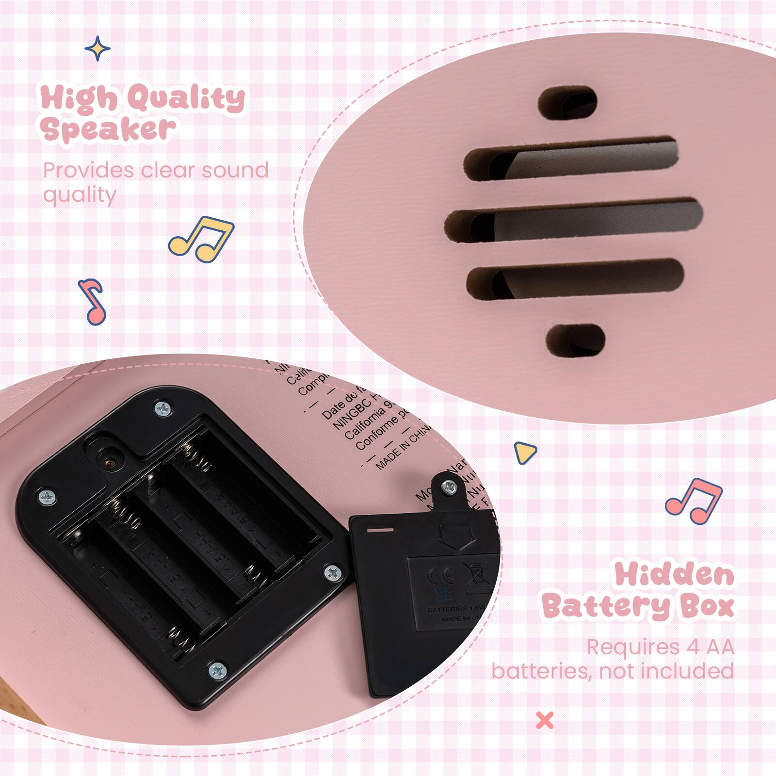 High Quality Speaker Provides clear sound quality

Hidden Battery Box Requires 4 AA batteries, not included