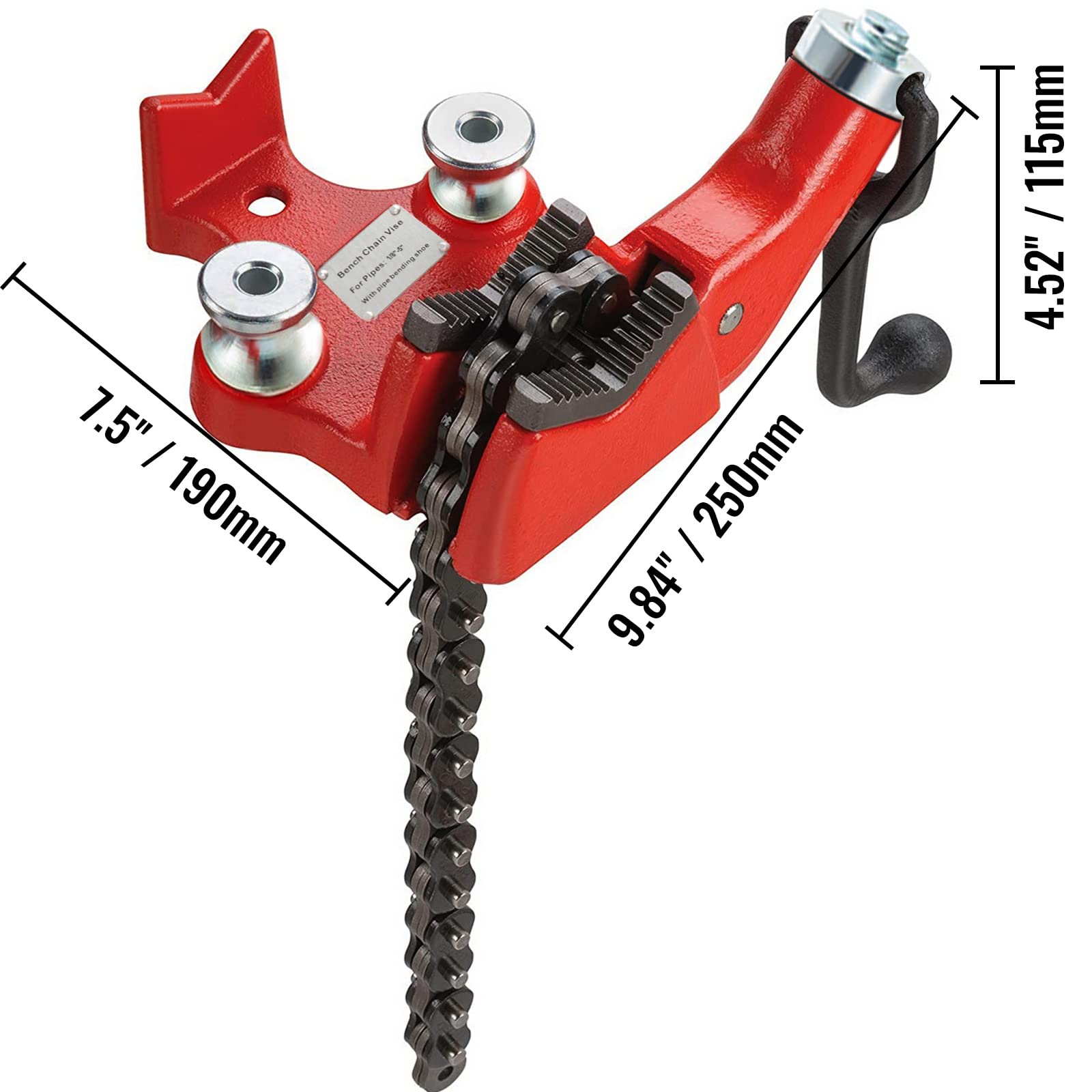Bench Chain Vise  
For Fixing the chain  
For Fixing the chain  
7.5" / 190mm  
9.84" / 250mm  
4.52" / 115mm