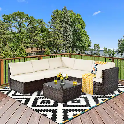 Front. Gymax - Gymax 6PCS Rattan Outdoor Sectional Sofa Set Patio Furniture Set w/ White Cushions - White.