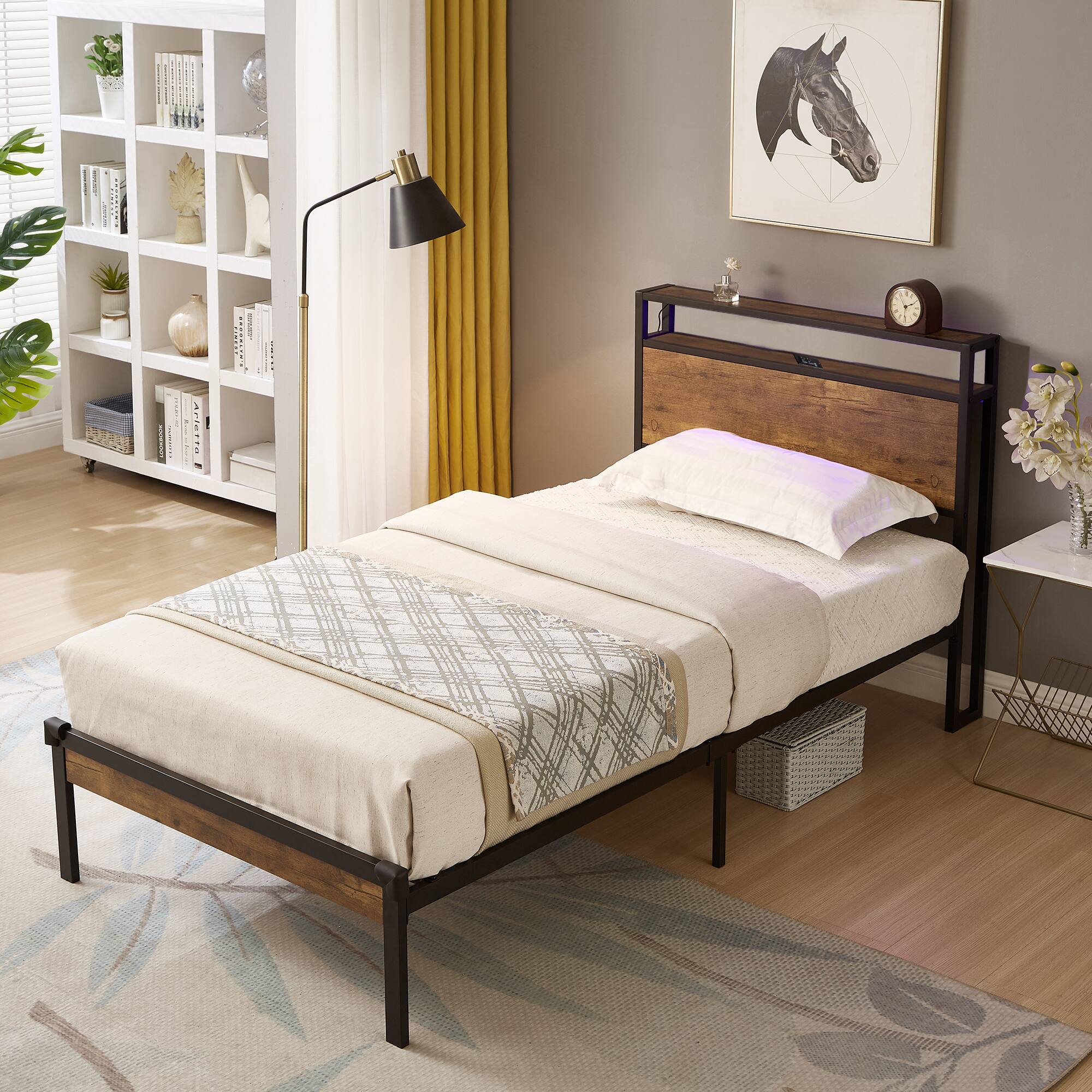 Left. LUCKY ONE - Twin Size Metal Platform Bed Frame with Wooden Headboard and Footboard with USB LINER - Black+Brown.