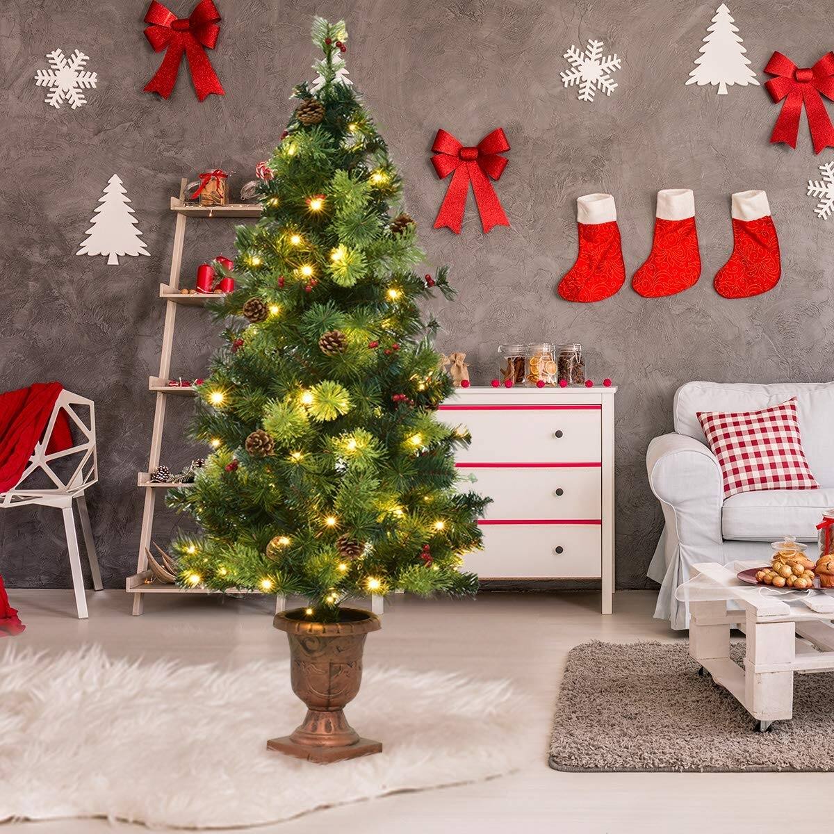 Alt View 7. Ecooso - 4ft LED Artificial Christmas Tree with Red Berries and Pine Cones for Entryway Holiday Decor - Green.