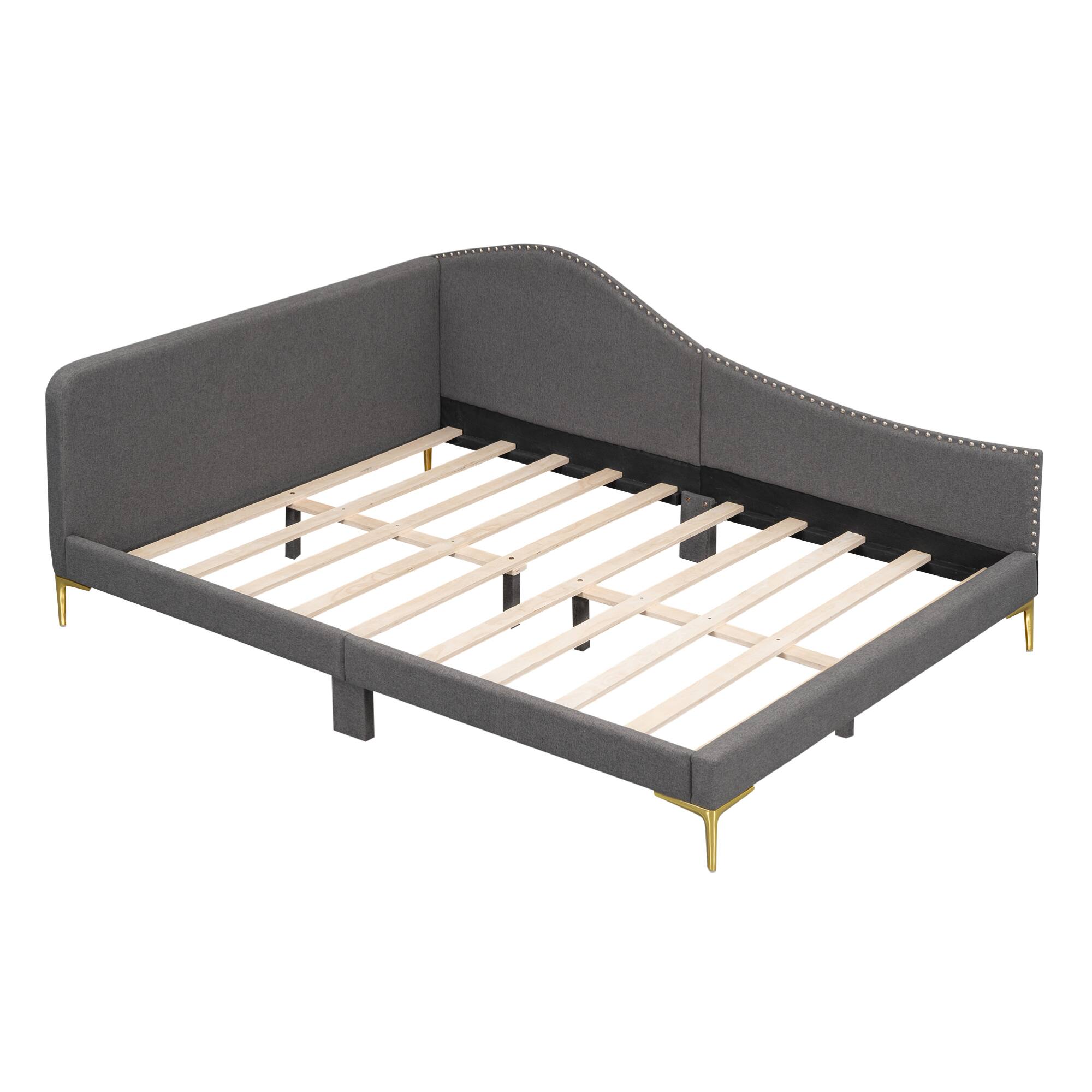 Alt View 7. GOODSILO - Full Size Upholstered Daybed with Headboard and Armrest, Support Legs - Grey.