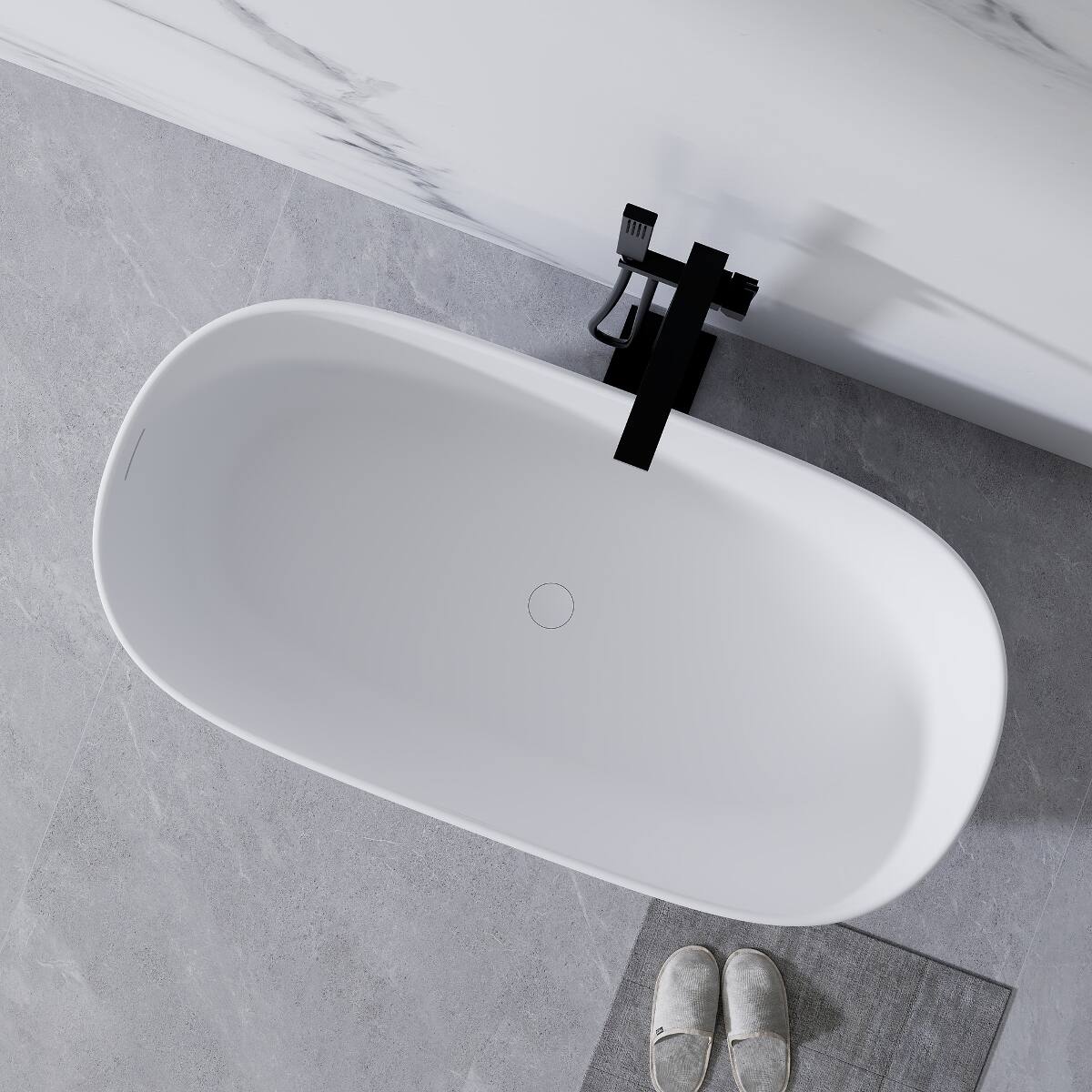 Back. Loheer - Loheer Freestanding Resin Stone Soaking Bathtub, Matte White Solid Surface Oval Tub with Center Drain, 51 Inch - Matte White.