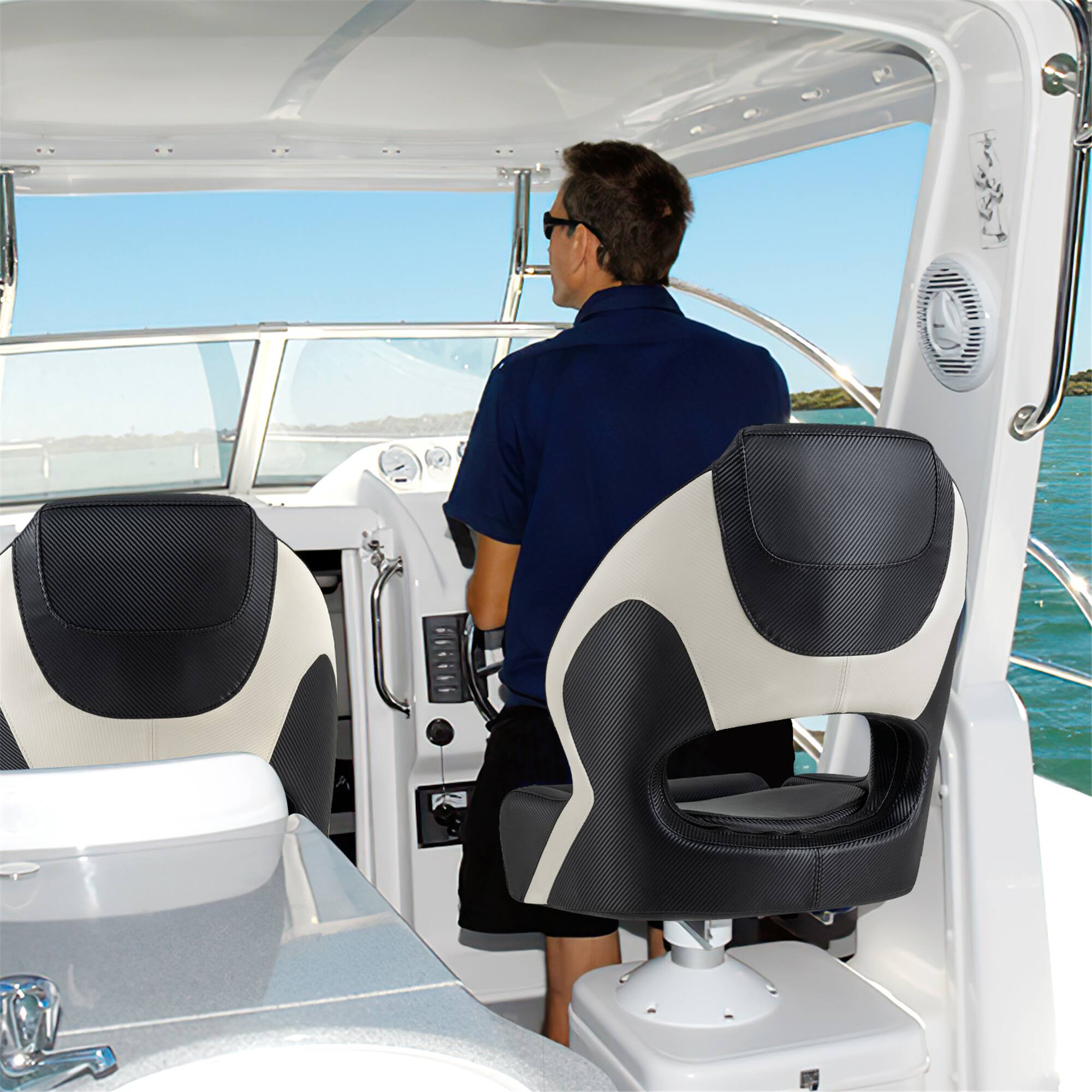 Alt View 1. Gymax - Gymax Sports Flip up Boat Seat Captain Bucket Seat w/ Flip-up Bolster 21'' High Back - White, Black.