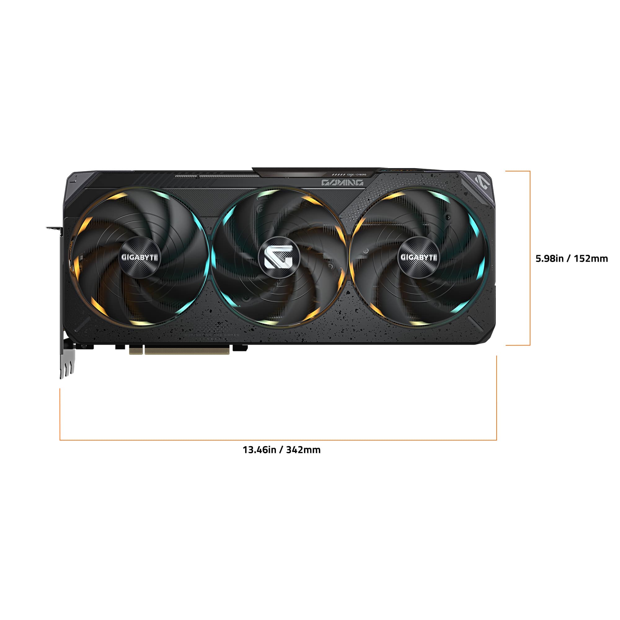 The image features a Gigabyte graphics card with three fans. The card is 5.98 inches (152mm) in length and 13.46 inches (342mm) in width.