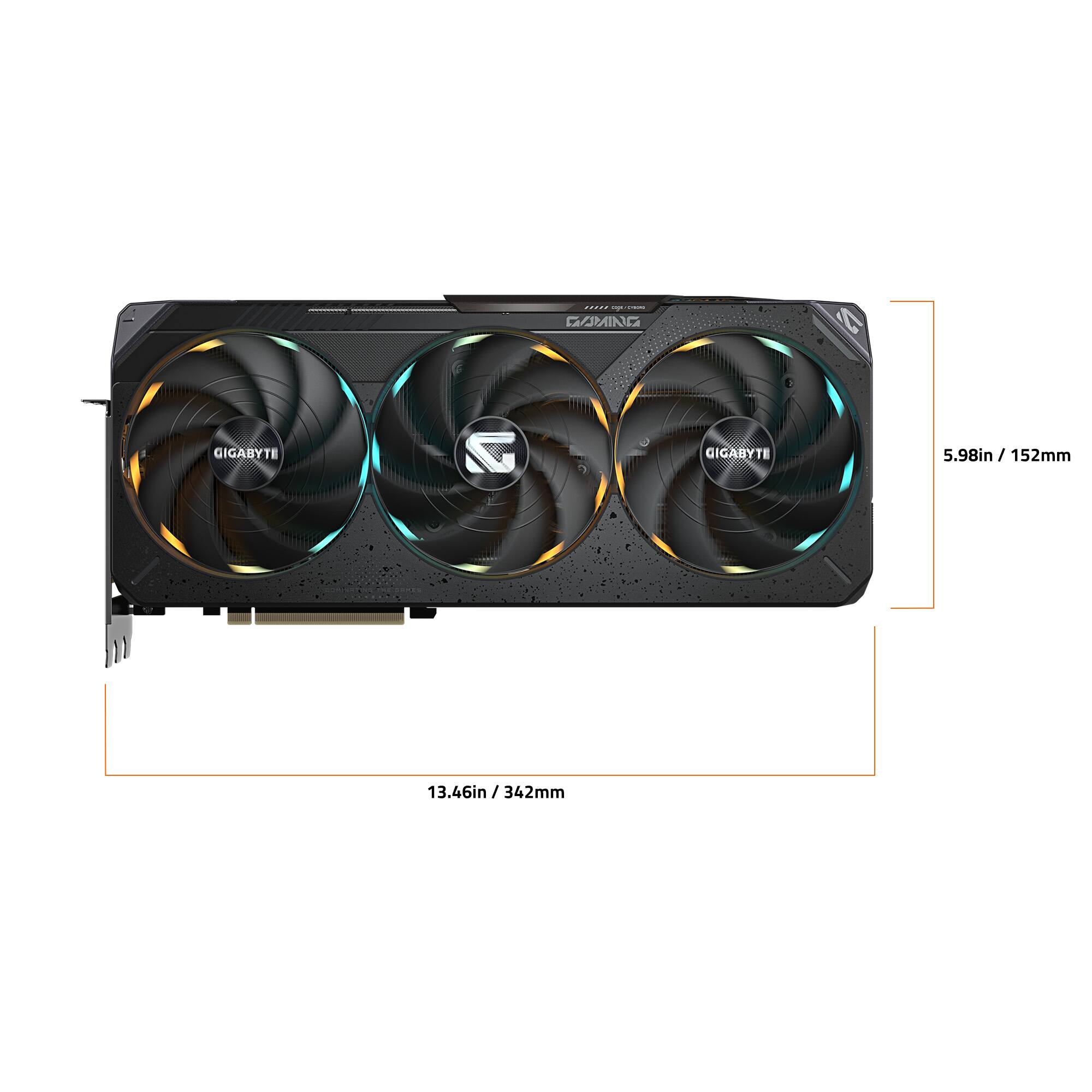 The image features a Gigabyte graphics card with three fans. The card is 5.98 inches (152mm) in length and 13.46 inches (342mm) in width.