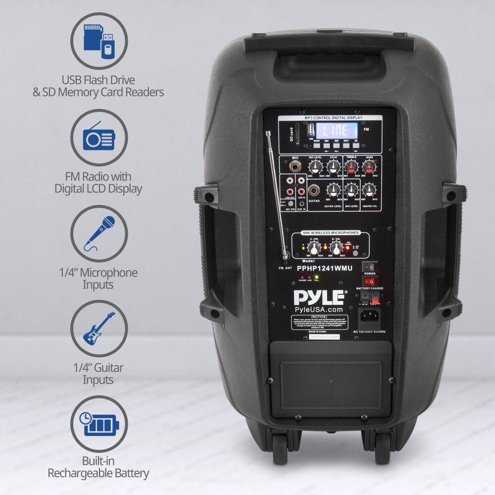 - USB Flash Drive & SD Memory Card Readers
- FM Radio with Digital LCD Display
- 1/4" Microphone Inputs
- 1/4" Guitar Inputs
- Built-in Rechargeable Battery

MP3 CONTROL DIGITAL DISPLAY

PYLE
PyleUSA.com

Model: PPH1241WMU