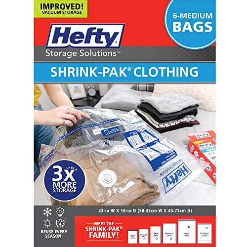 IMPROVED! VACUUM STORAGE  
Hefty Storage Solutions  
SHRINK-PAK® CLOTHING  
UP TO 3X MORE STORAGE  
6-MEDIUM BAGS  
23-in W x 18-in D (58.42cm W x 45.72cm D)  
REUSE EVERY SEASON!  
MEET THE SHRINK-PAK FAMILY!