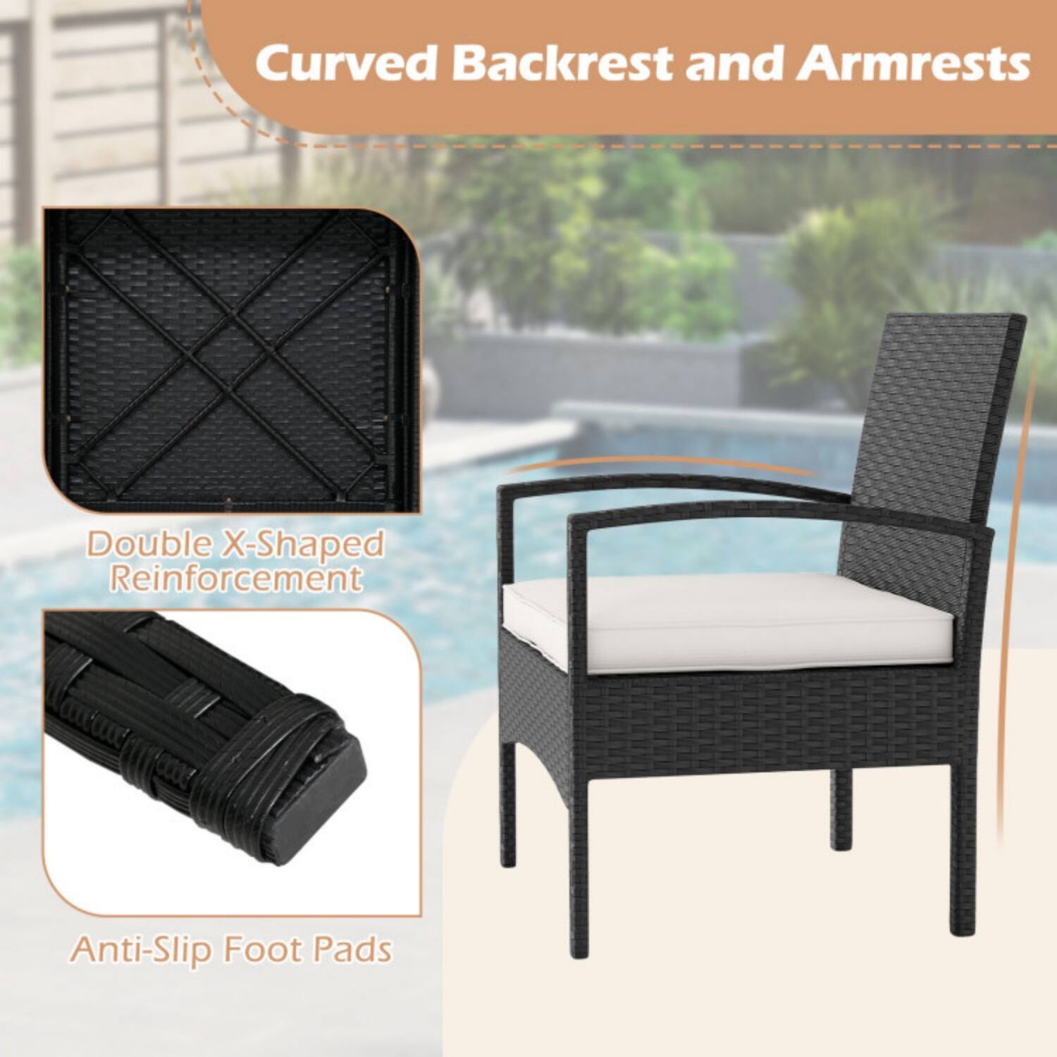 Curved Backrest and Armrests  
Double X-Shaped Reinforcement  
Anti-Slip Foot Pads