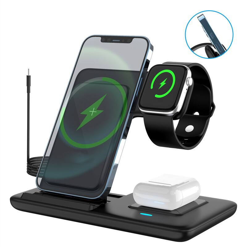 Left. RISOKEYS - 3-in-1 Foldable Wireless Charger with Charging Port - Use for Phones, Watches and Earphones for Apple - Black.