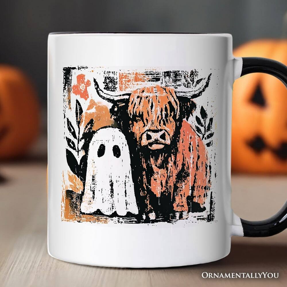 Back. OrnamentallyYou - Highland Cow Ghost Fall Mug, Spooky Season Halloween Gift - White.