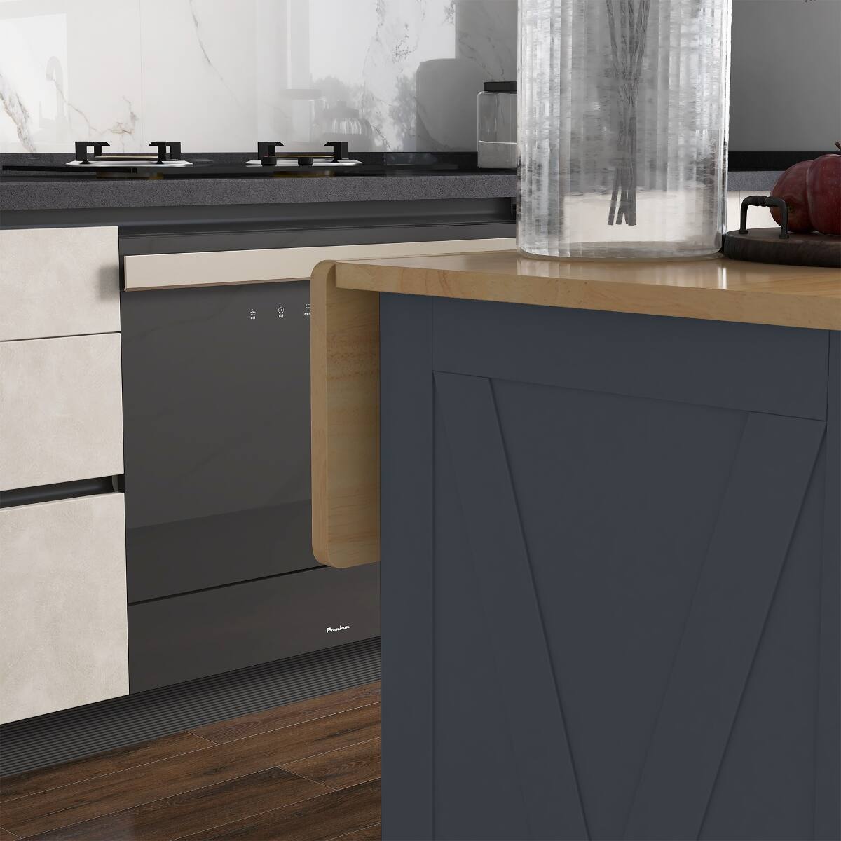 Angle. Loheer - Loheer Rolling Kitchen Island with Drop Leaf Dark Gray Farmhouse Kitchen Cart Rubberwood Top - Dark Gray.