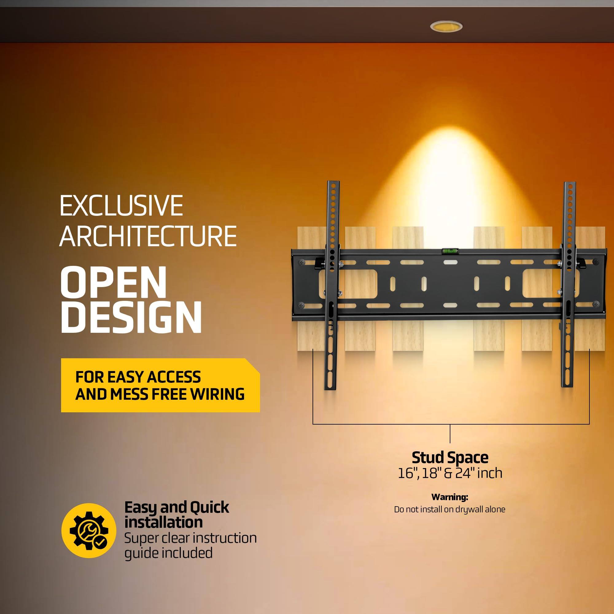 **EXCLUSIVE ARCHITECTURE**

**OPEN DESIGN**

**FOR EASY ACCESS AND MESS FREE WIRING**

**Easy and Quick installation**

**Super clear instruction guide included**

**Stud Space**

16", 18" & 24" inch

**Warning:**

Do not install on drywall alone