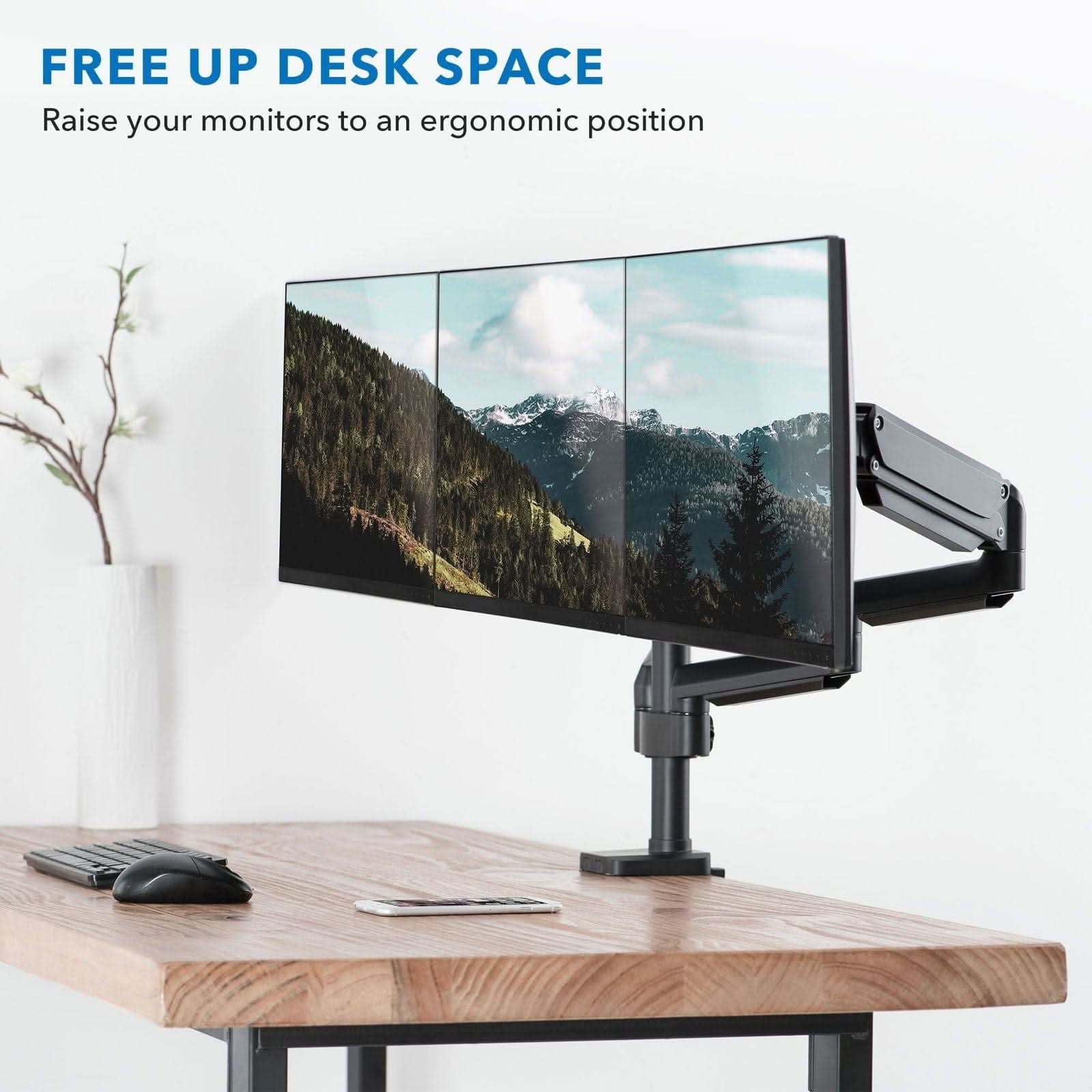 FREE UP DESK SPACE  
Raise your monitors to an ergonomic position