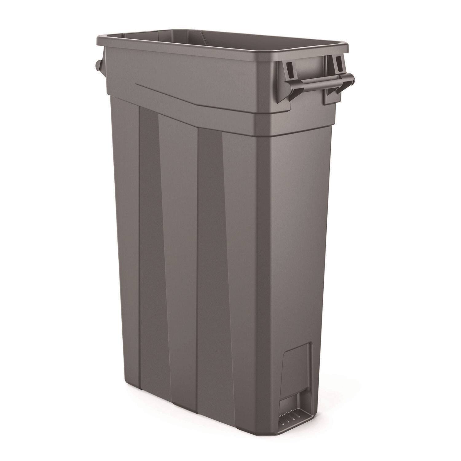 Front. Suncast - 23 Gallon Resin Slim Trash Can, Plastic, Gray.